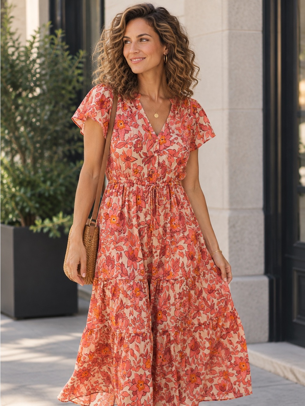 Trovata - Floral Button-Front Midi Dress in Pink and Orange